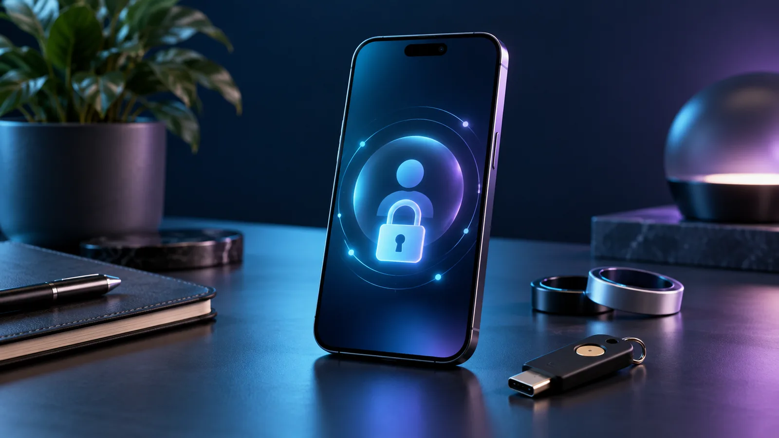 Ilustración de un teléfono con un candado digital y una llave de seguridad sobre un escritorio.