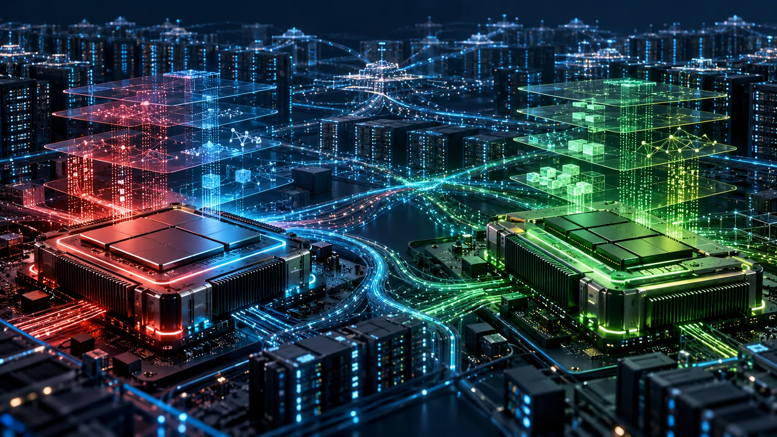 Ilustración conceptual de la competencia entre Huawei Ascend y Nvidia en infraestructura de inteligencia artificial.