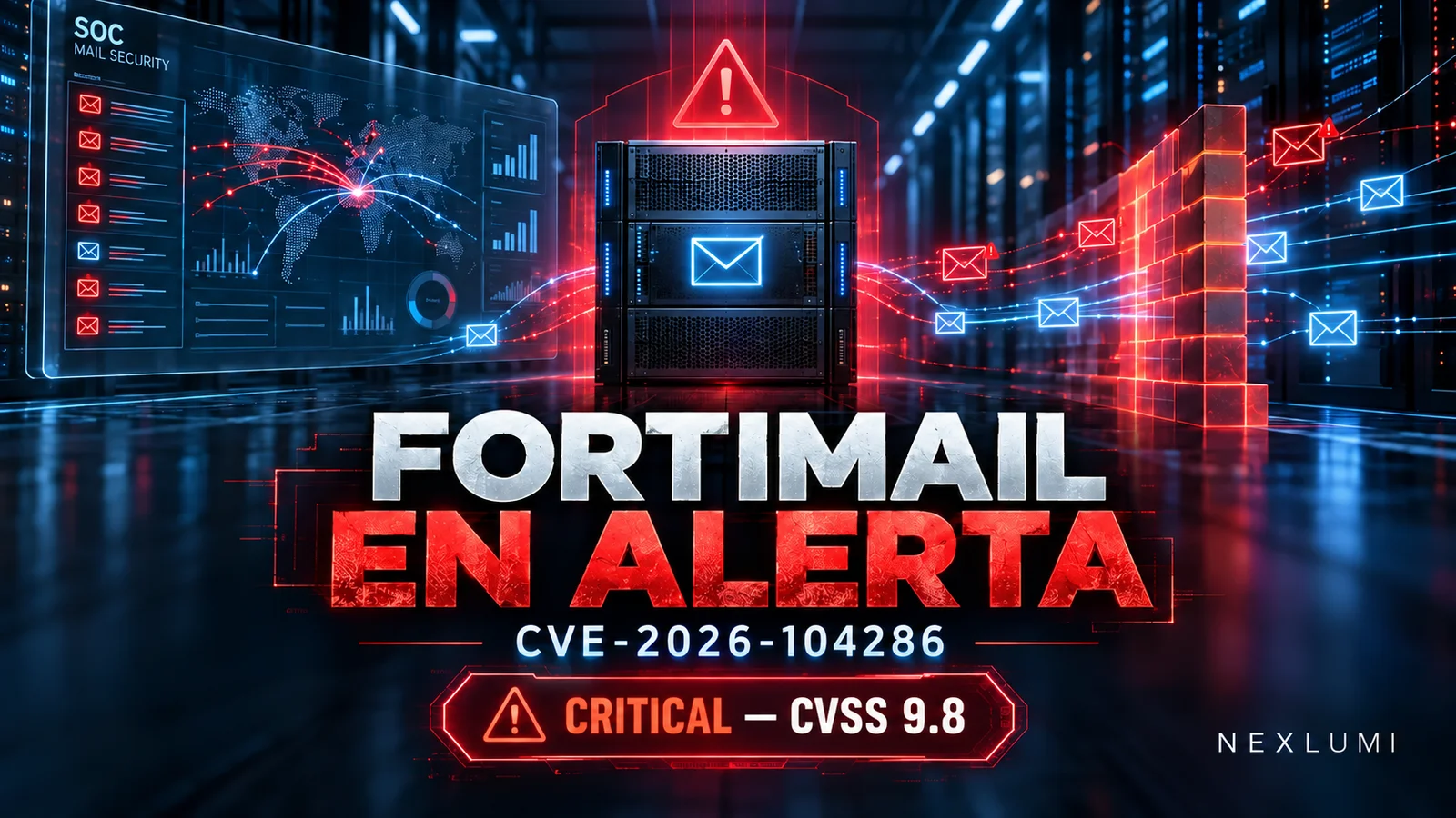 Ilustración de un servidor con las alertas FortiMail en alerta, CVE-2026-104286 y Critical CVSS 9.8, con la marca NexLumi.
